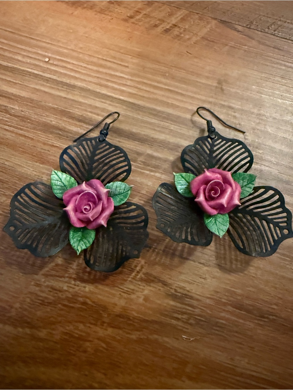 Romantic Pink Rose Filigree Drop Earrings - Women Jewelry
